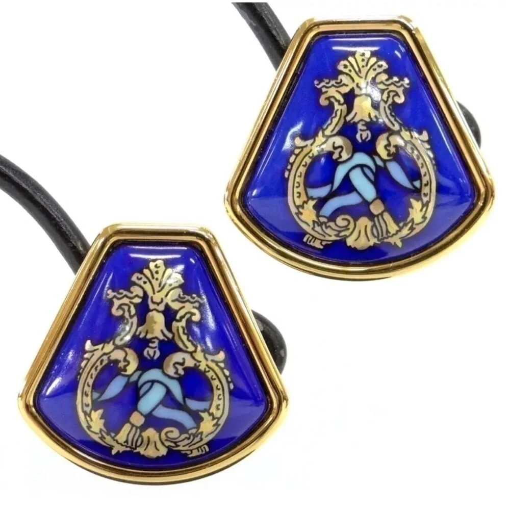 Authentic HERMES Clip-on Earrings Blue x Gold Tone RARE - Picture 2 of 10